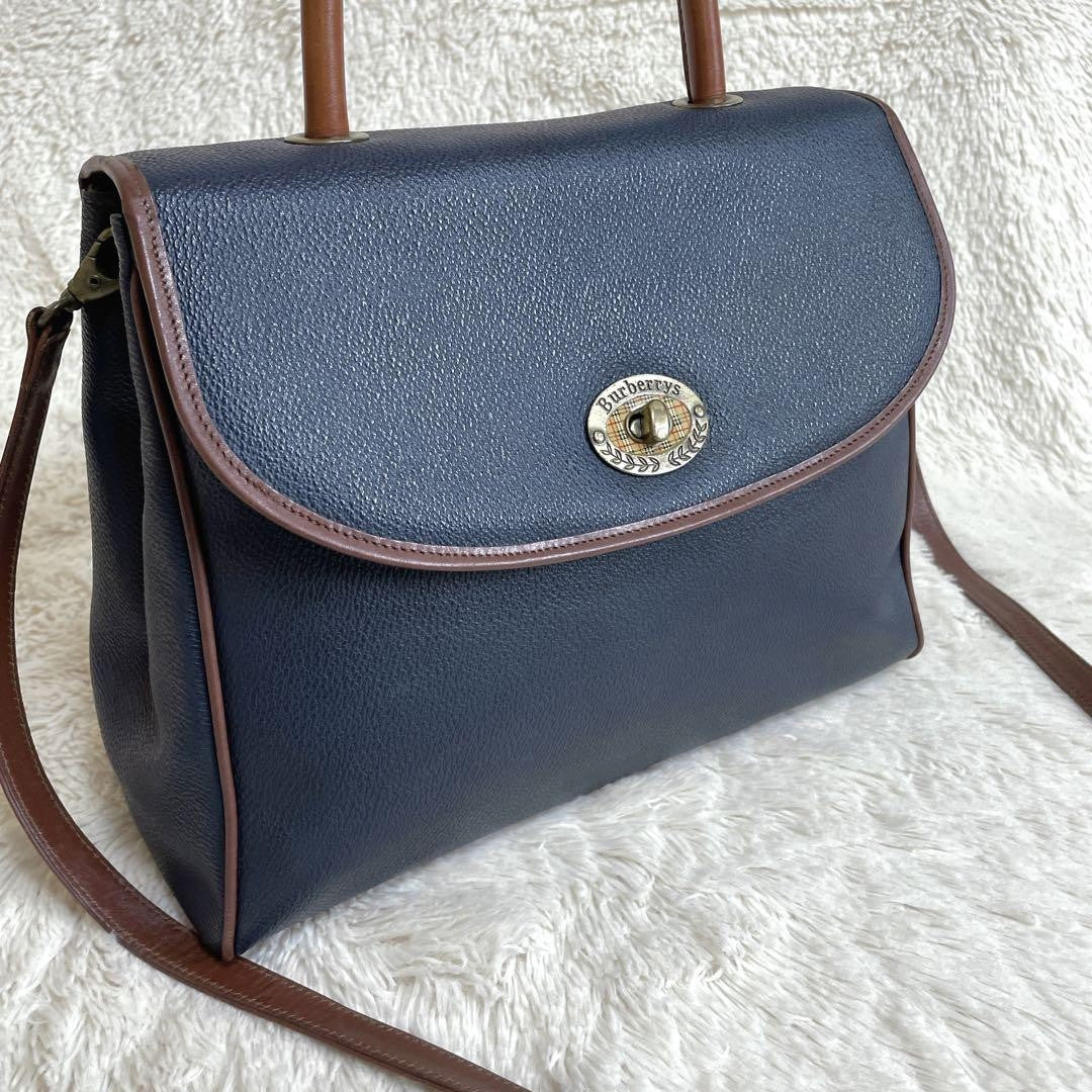 BURBERRY Shoulder Bag Purse Nova Check Leather Navy Brown Authentic