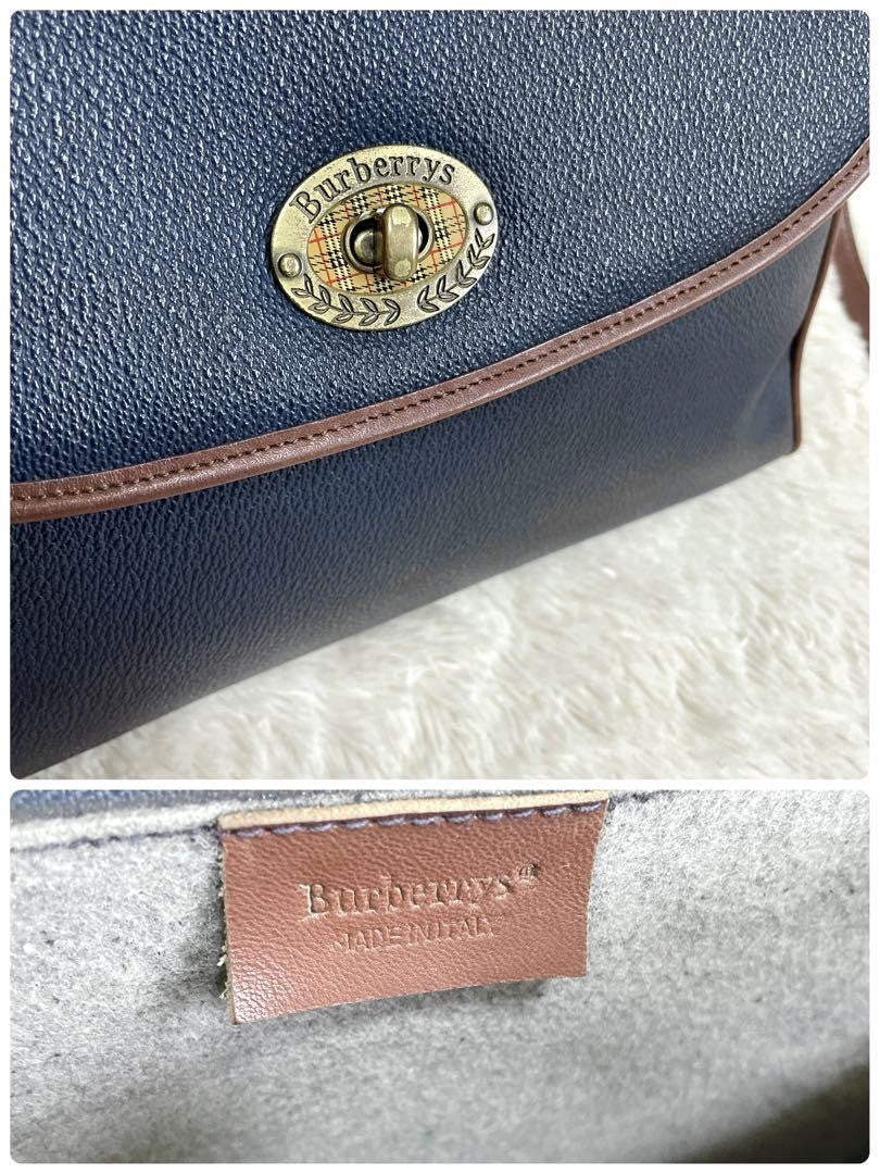 BURBERRY Shoulder Bag Purse Nova Check Leather Navy Brown Authentic