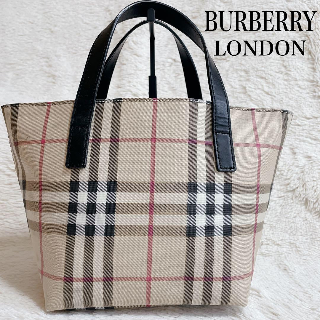 BURBERRY LONDON Hand Bag Tote Purse Nova Check PVC Leather Beige Black Authentic