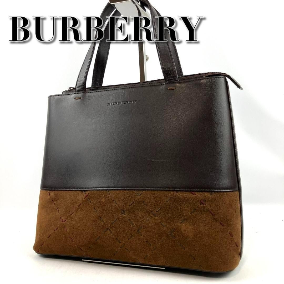 BURBERRY Hand Bag Tote Purse Leather Suede Brown Authentic