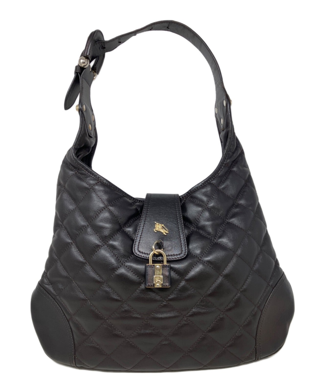 BURBERRY Hand Shoulder Bag Tote Purse Nova Check Quilting Dark Brown Authentic