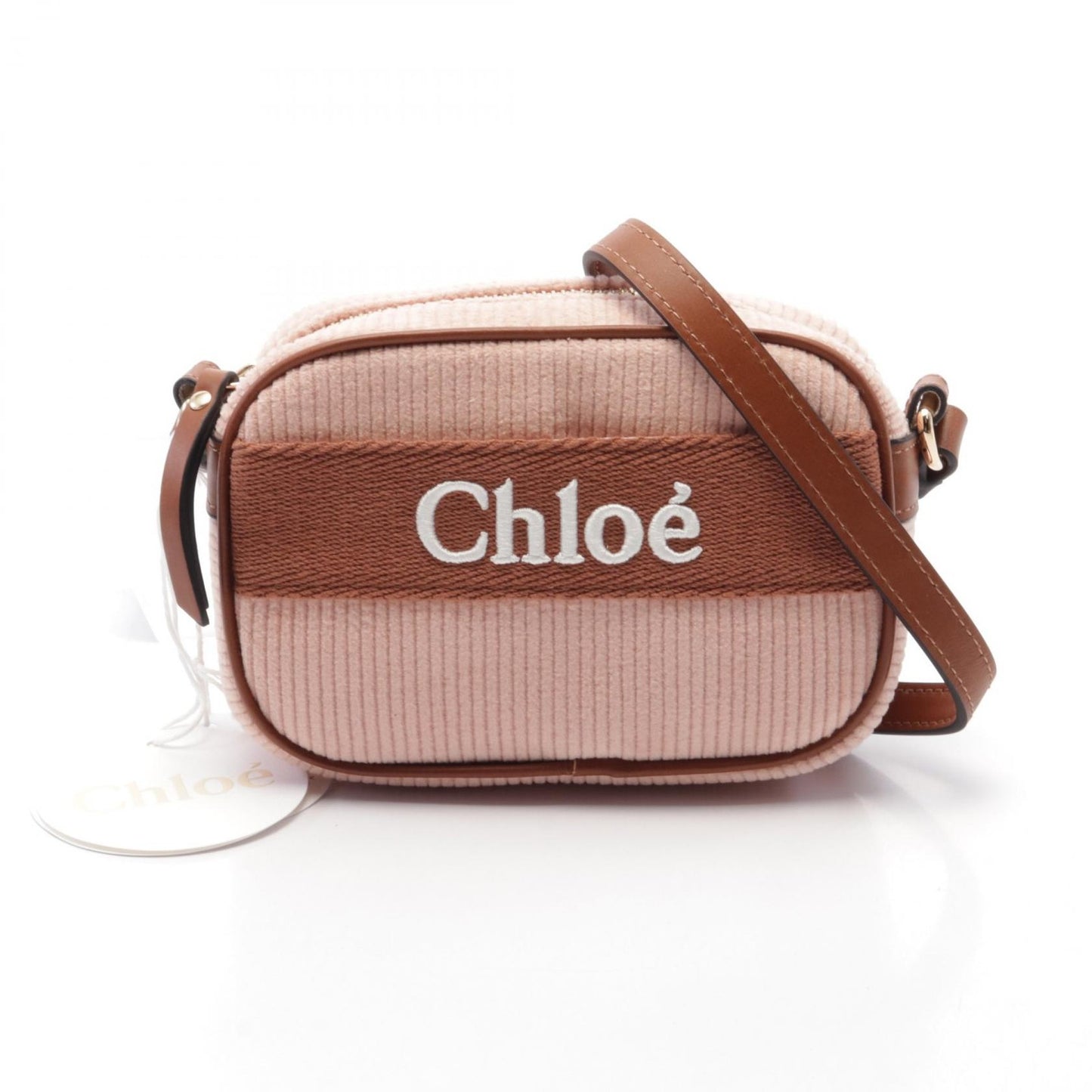 Chloe Shoulder Bag Purse Logo Leather Canvas Corduroy Pink Brown Authentic