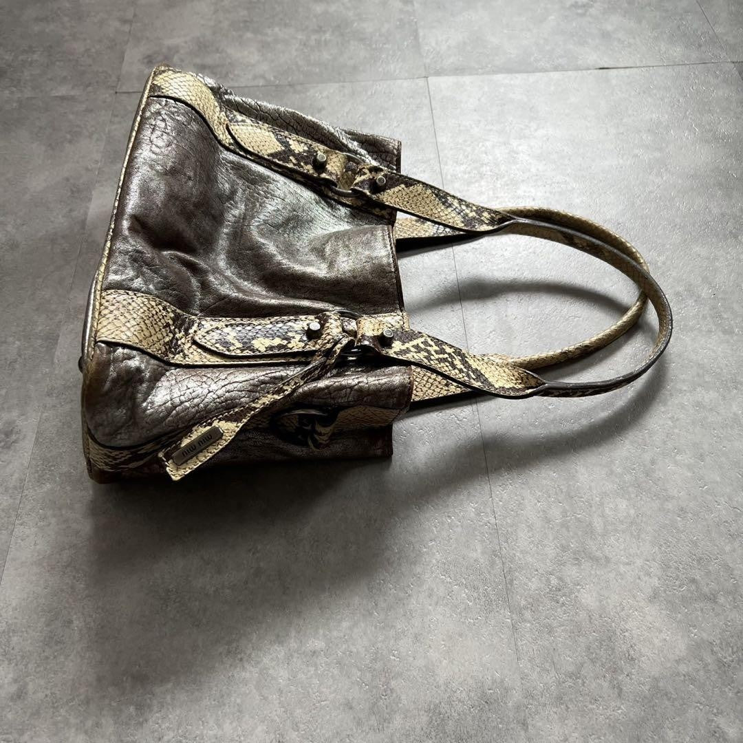 MIU MIU Hand Bag Tote Purse Leather Silver Beige White Authentic