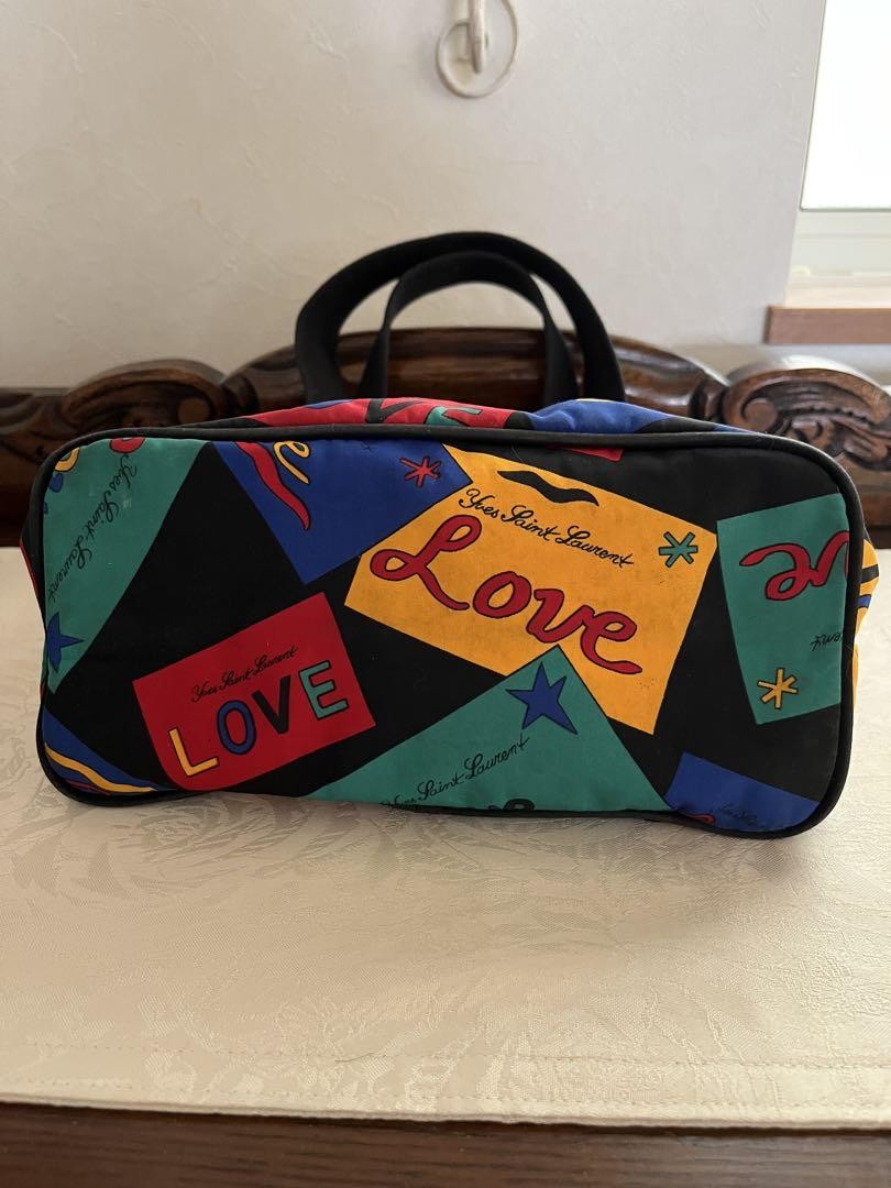 Saint Laurent Hand Bag Tote Purse LOVE Nylon Black Multicolor Authentic