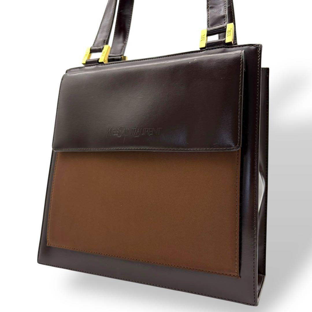 Saint Laurent Hand Bag Tote Purse Logo Leather Brown Authentic