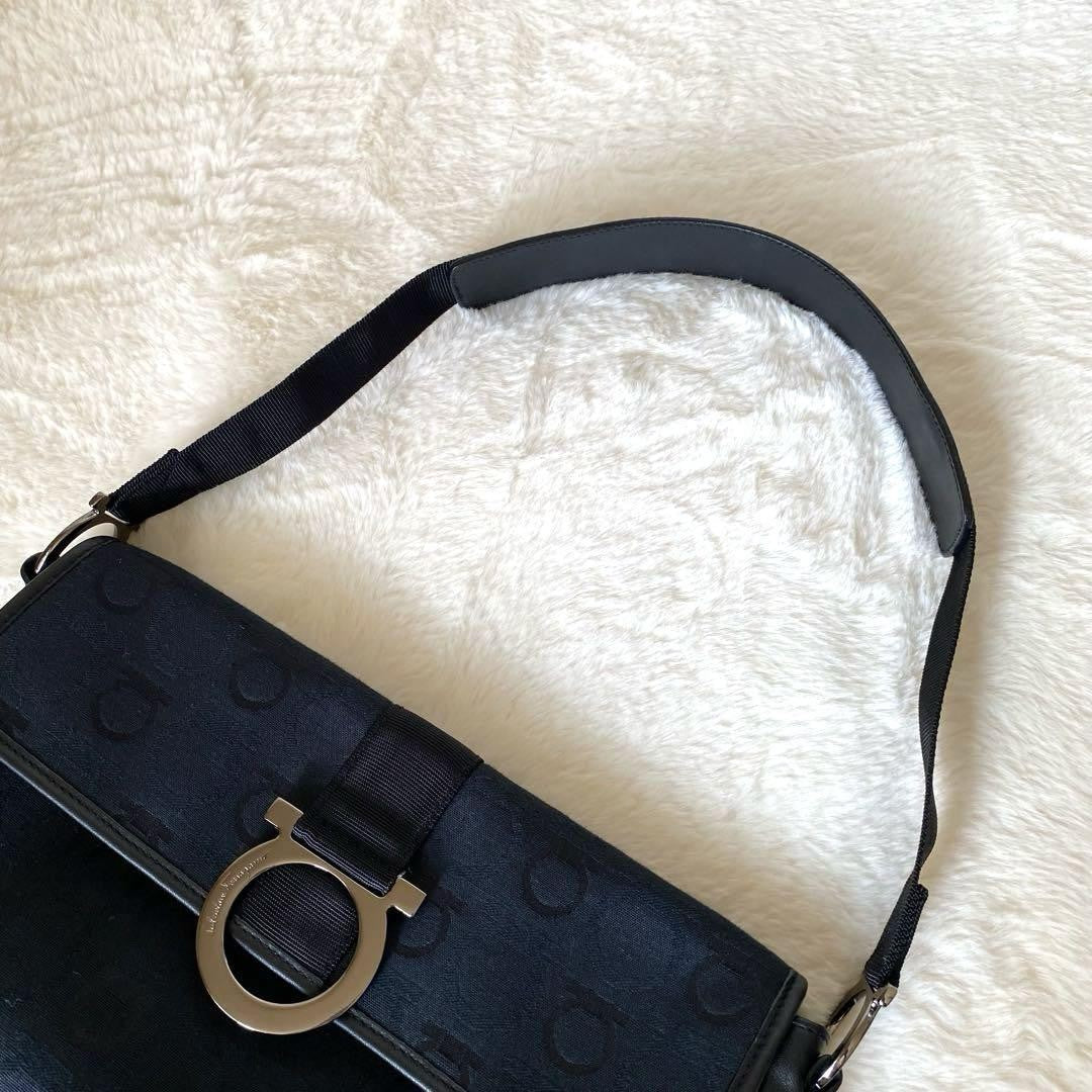 Salvatore Ferragamo Accessory Pouch Shoulder Bag Gancini Canvas Leather Black