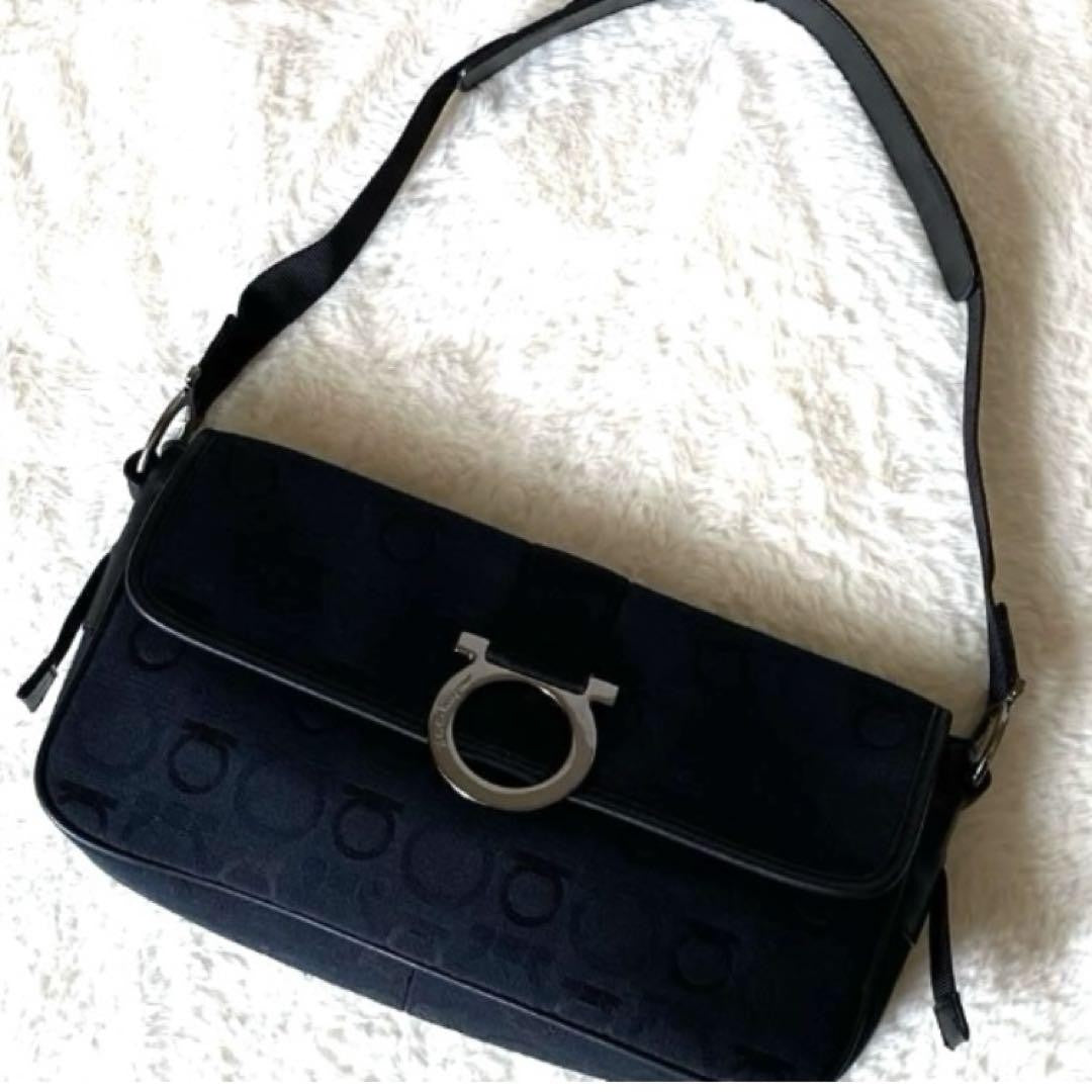 Salvatore Ferragamo Accessory Pouch Shoulder Bag Gancini Canvas Leather Black