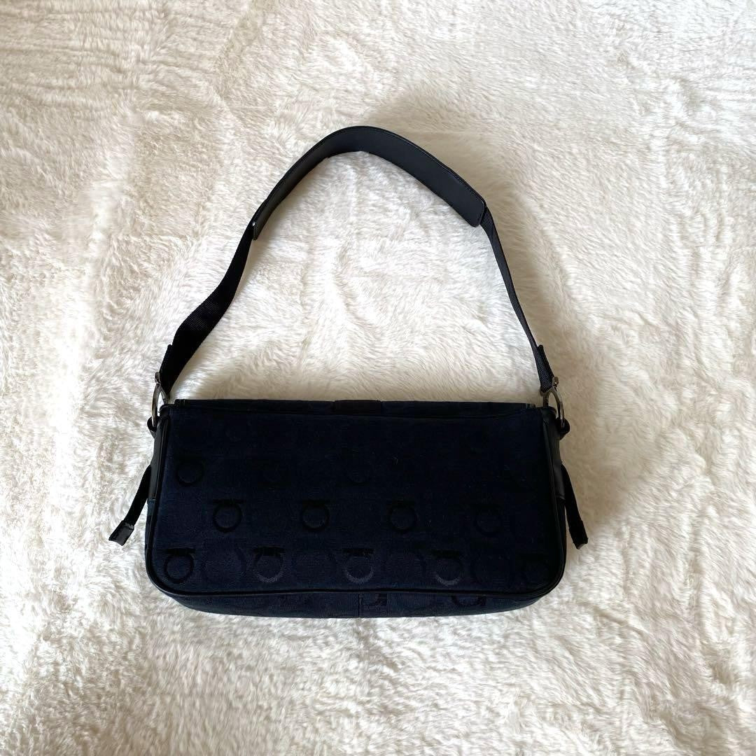 Salvatore Ferragamo Accessory Pouch Shoulder Bag Gancini Canvas Leather Black