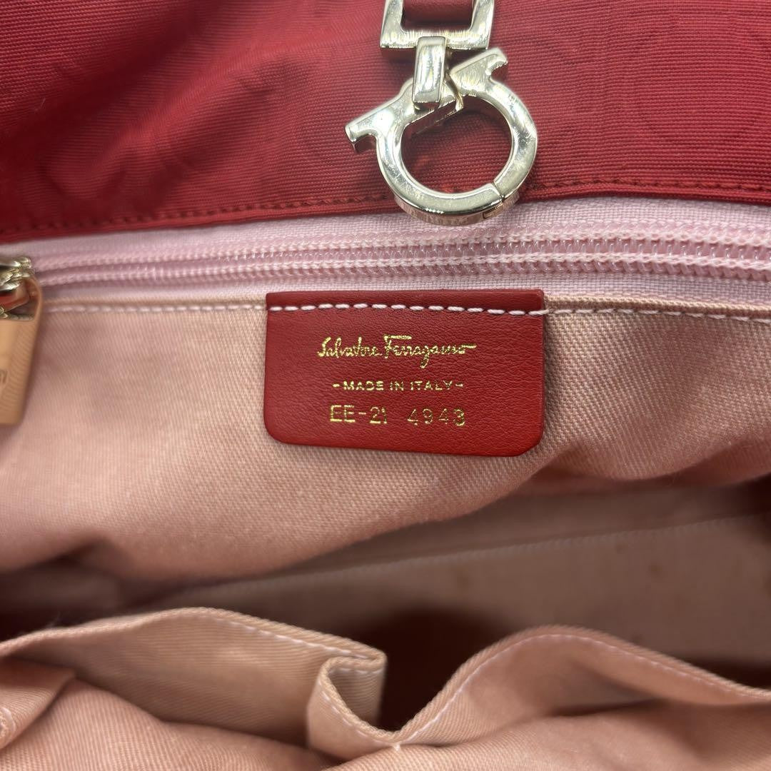 Salvatore Ferragamo Hand Bag Tote Purse Gancini Leather Nylon Red Authentic