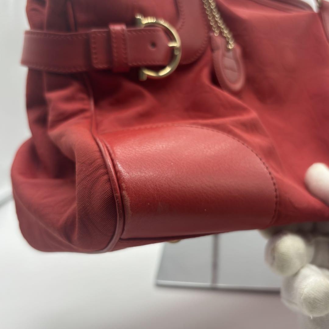 Salvatore Ferragamo Hand Bag Tote Purse Gancini Leather Nylon Red Authentic