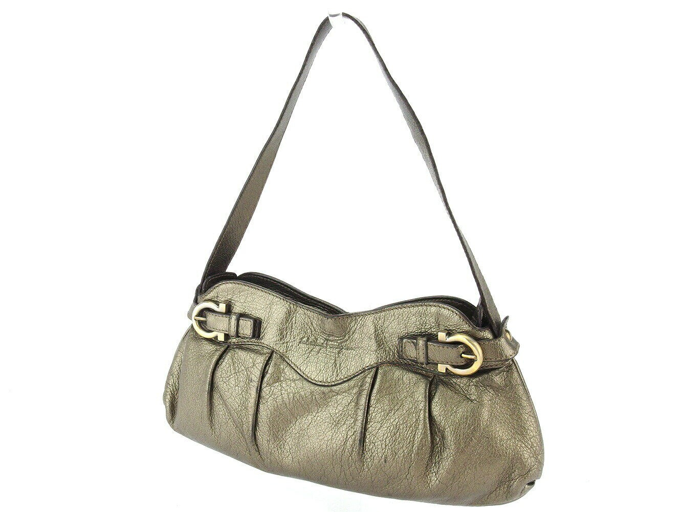 Salvatore Ferragamo Shoulder Bag Purse Gancini Gold Authentic