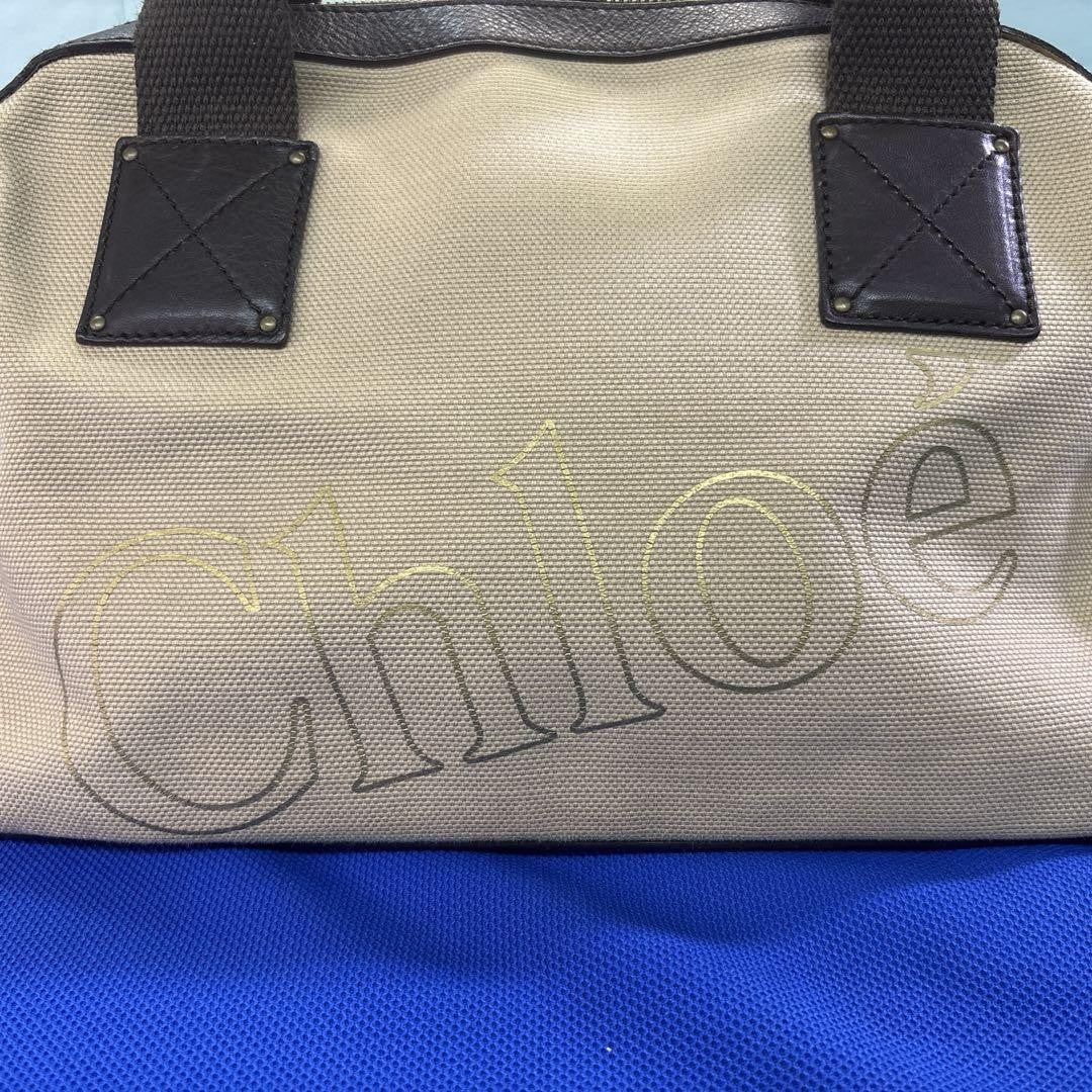 Chloe Hand Bag Tote Purse Logo Canvas Leather Beige Dark Brown Authentic