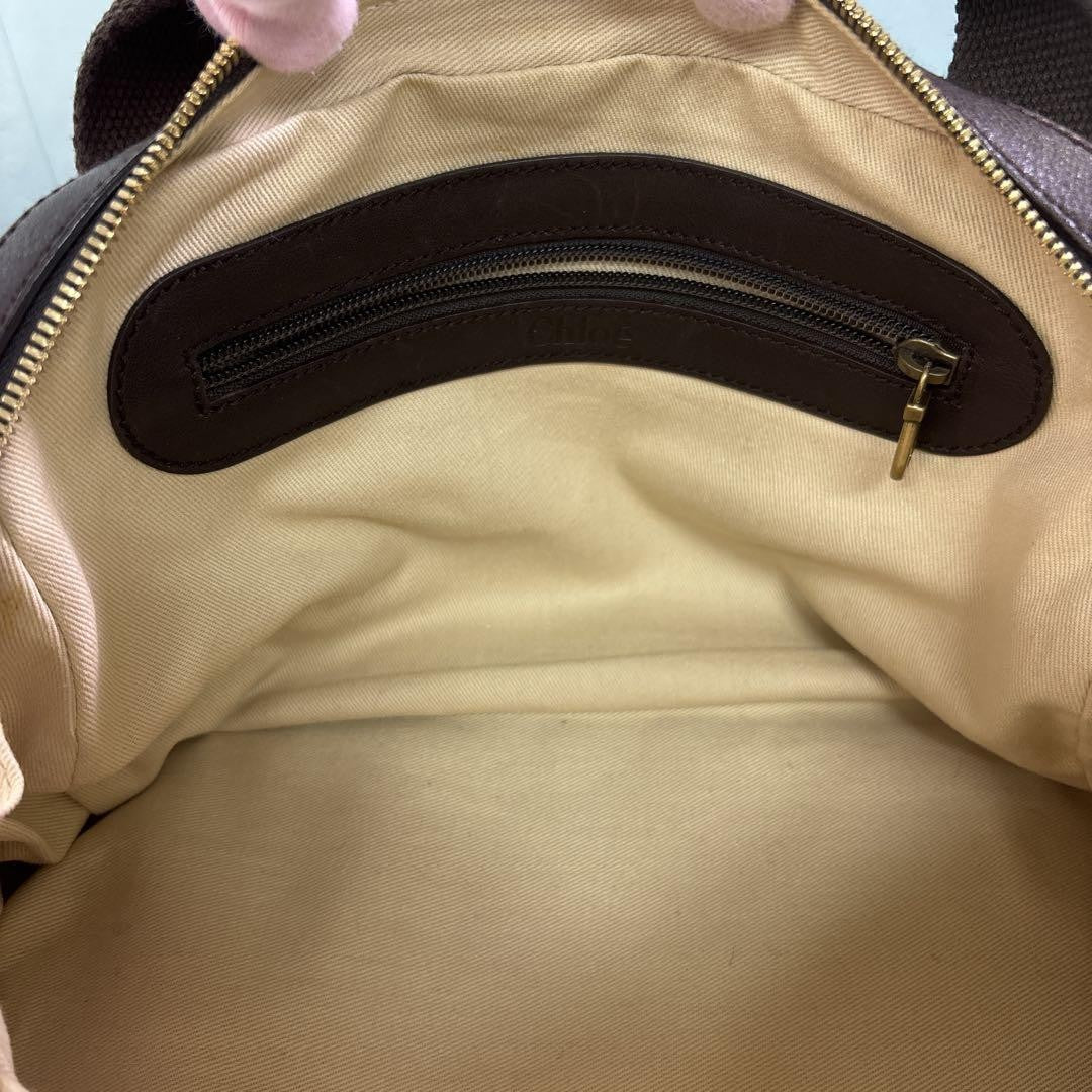 Chloe Hand Bag Tote Purse Logo Canvas Leather Beige Dark Brown Authentic