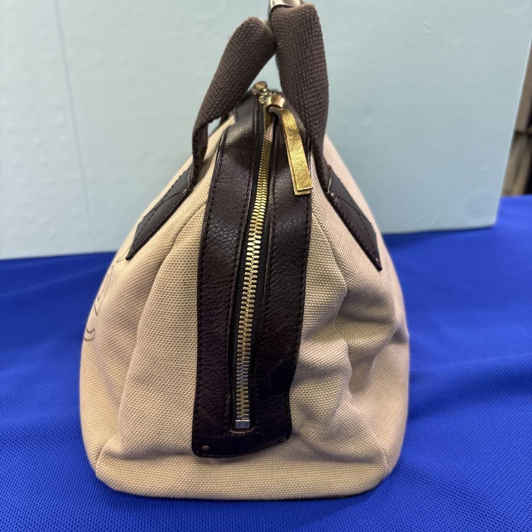 Chloe Hand Bag Tote Purse Logo Canvas Leather Beige Dark Brown Authentic