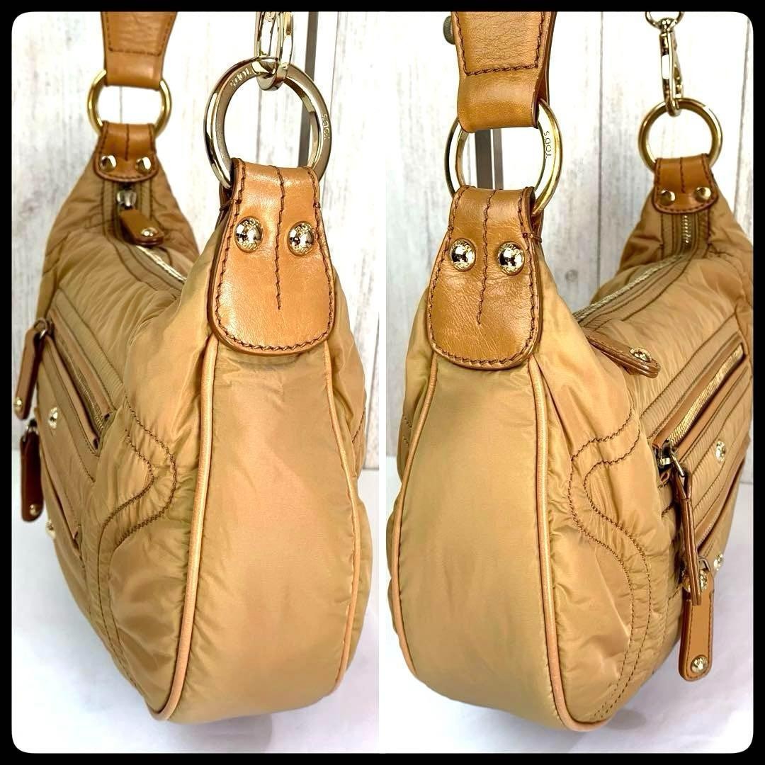 TOD'S Shoulder Bag Purse 2way Nylon Leather Camel Authentic