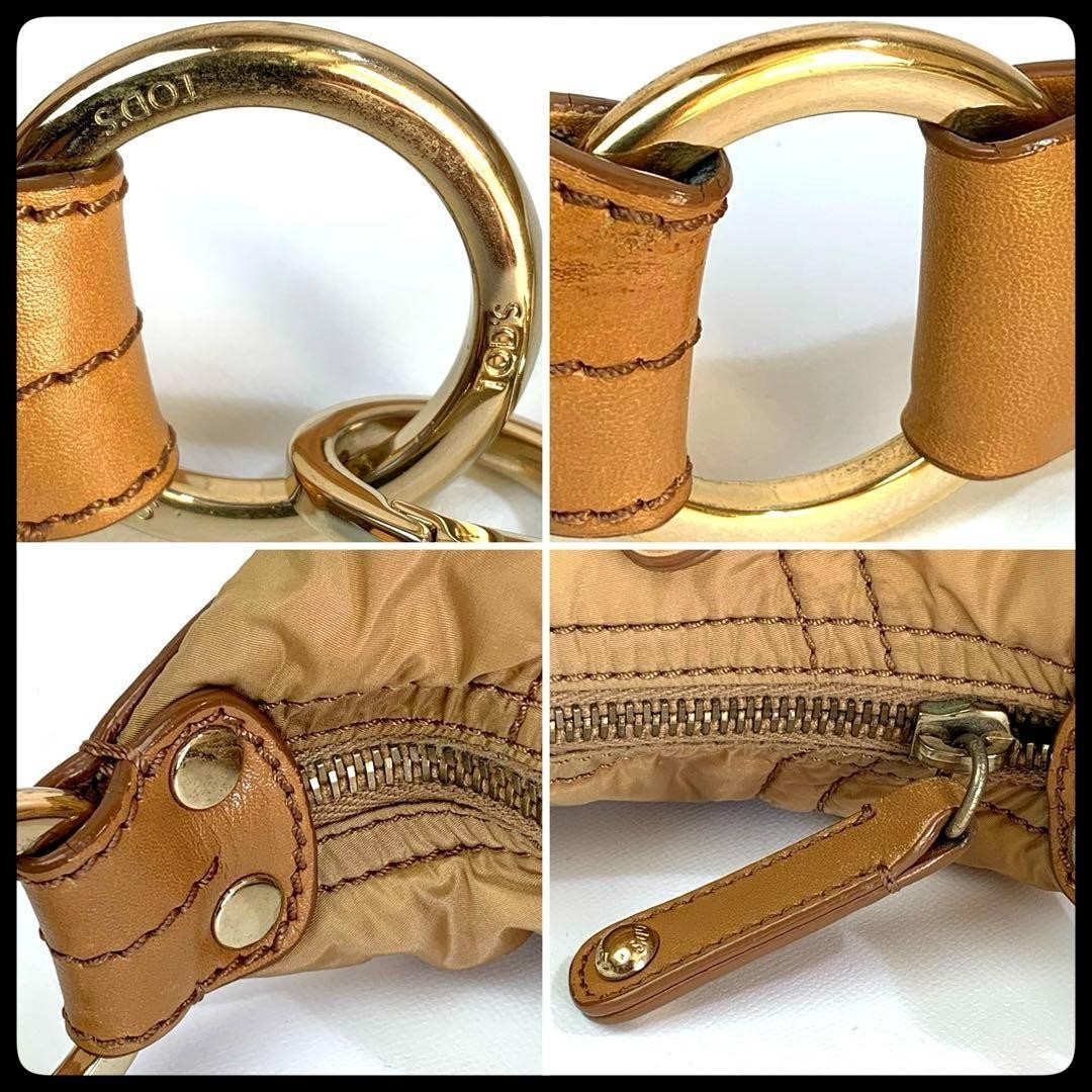 TOD'S Shoulder Bag Purse 2way Nylon Leather Camel Authentic