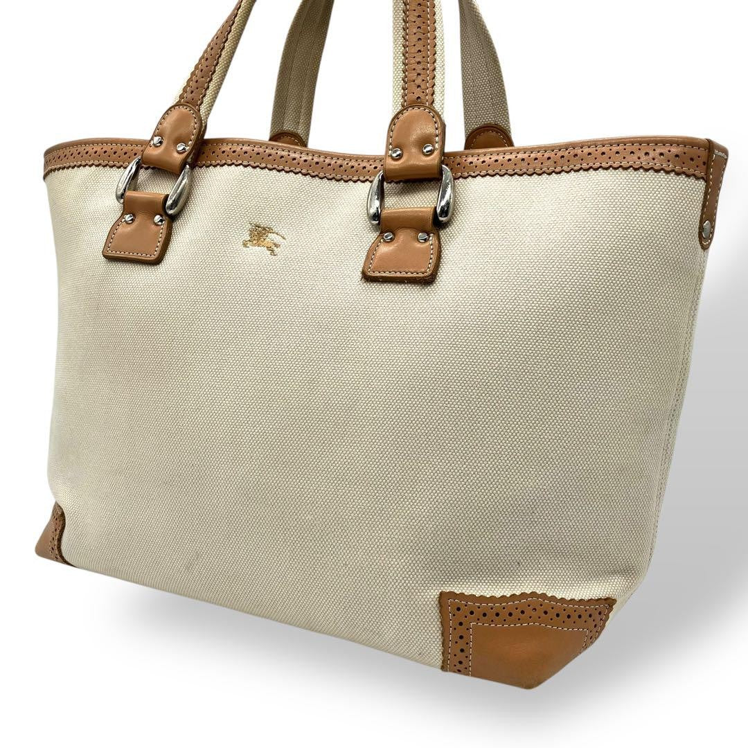 BURBERRY LONDON Hand Bag Tote Purse Canvas Leather Beige Authentic