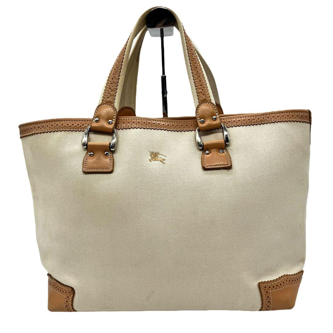 BURBERRY LONDON Hand Bag Tote Purse Canvas Leather Beige Authentic