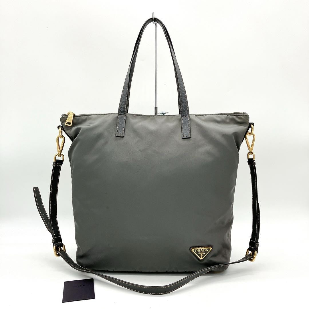 PRADA Hand Shoulder Bag Tote Purse 2way Logo Nylon Leather Gray Authentic