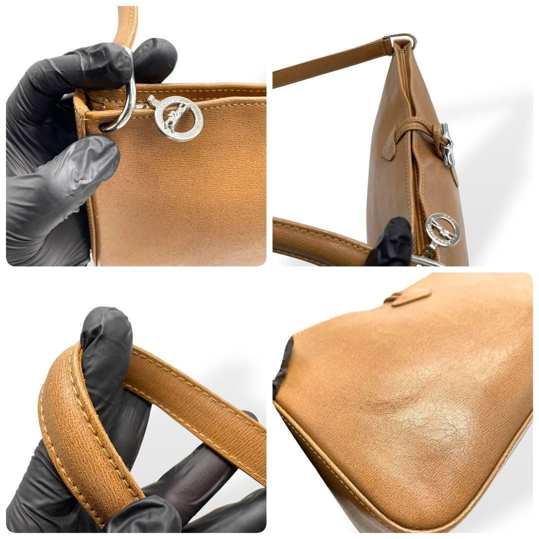 Longchamp Shoulder Bag Purse Leather Beige Authentic