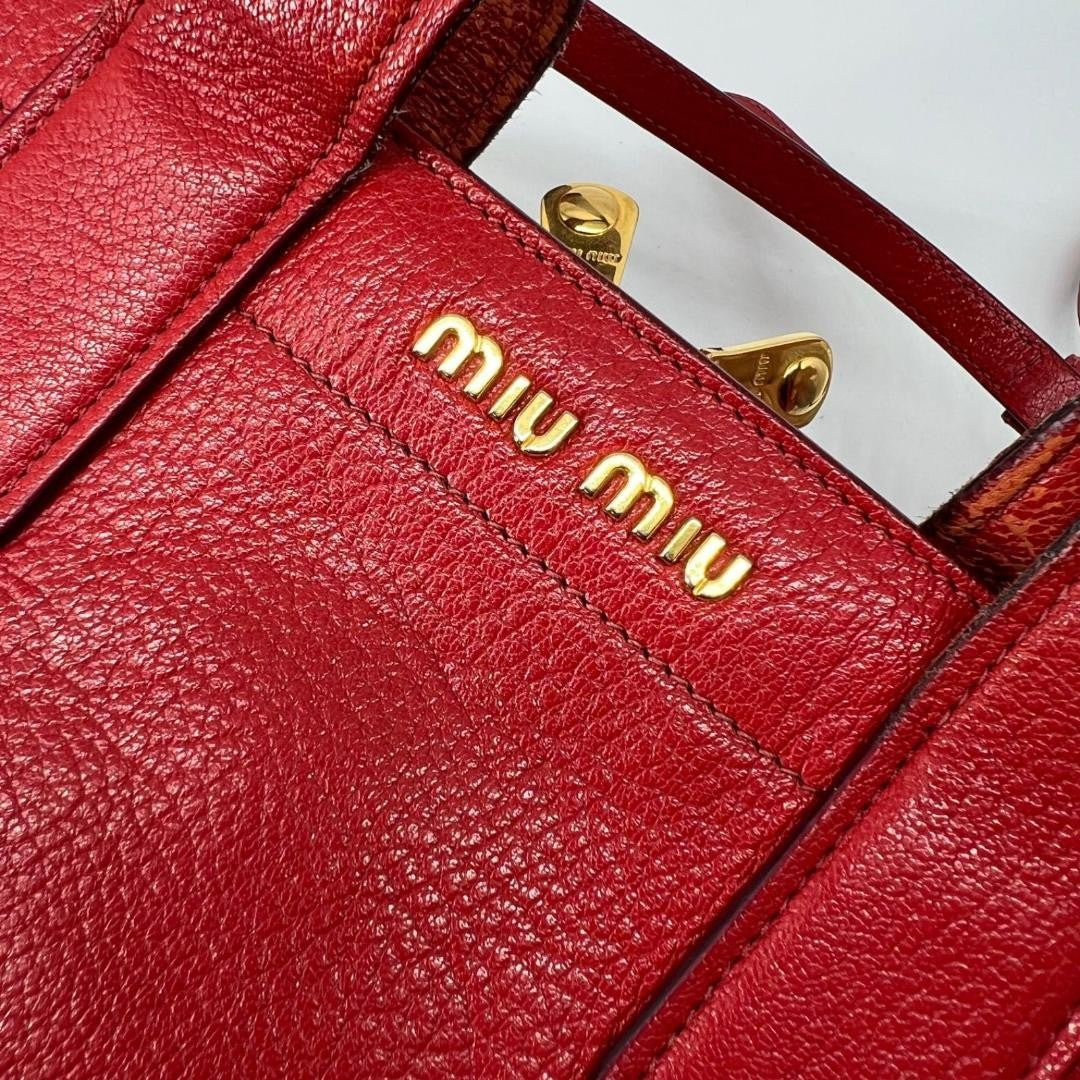 MIU MIU Hand Shoulder Bag Tote Purse 2way Logo Leather Red Authentic