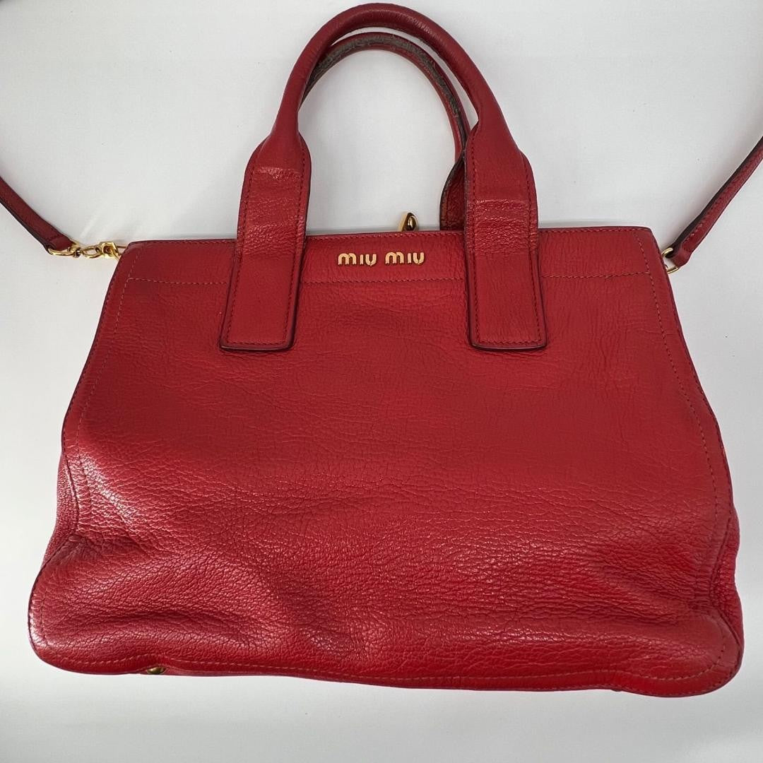 MIU MIU Hand Shoulder Bag Tote Purse 2way Logo Leather Red Authentic