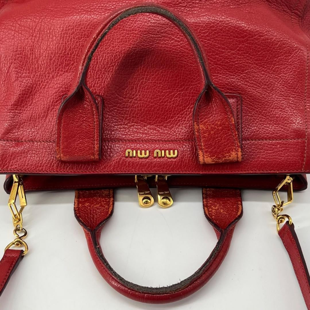 MIU MIU Hand Shoulder Bag Tote Purse 2way Logo Leather Red Authentic
