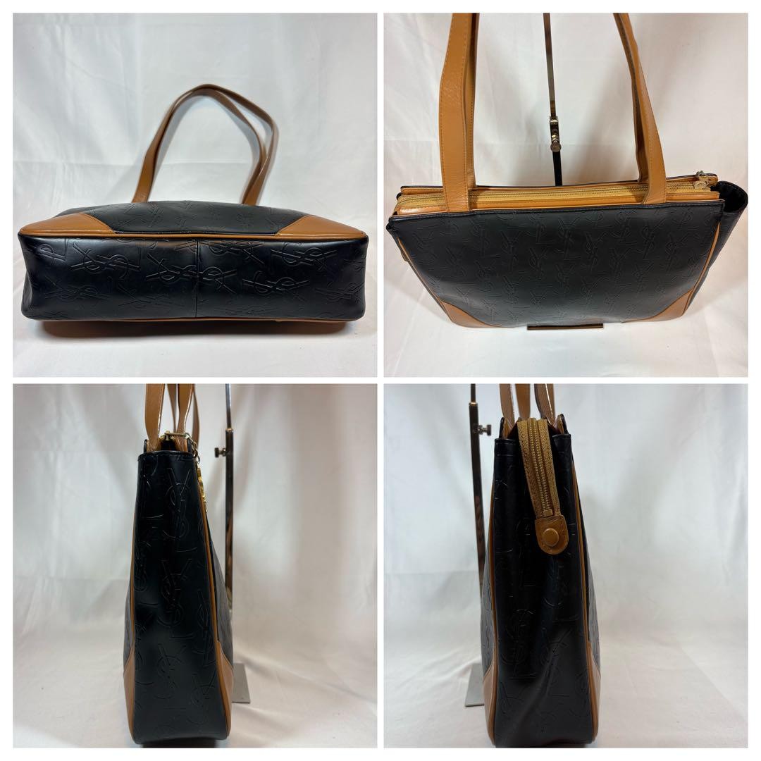 Saint Laurent Hand Bag Tote Purse YSL Cassandra Leather Black Light Brown Auth