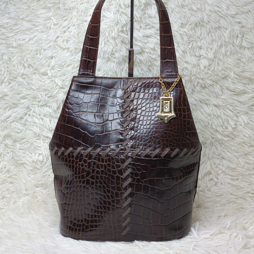 Saint Laurent Hand Bag Tote Purse stitch Leather Bordeaux Brown Authentic