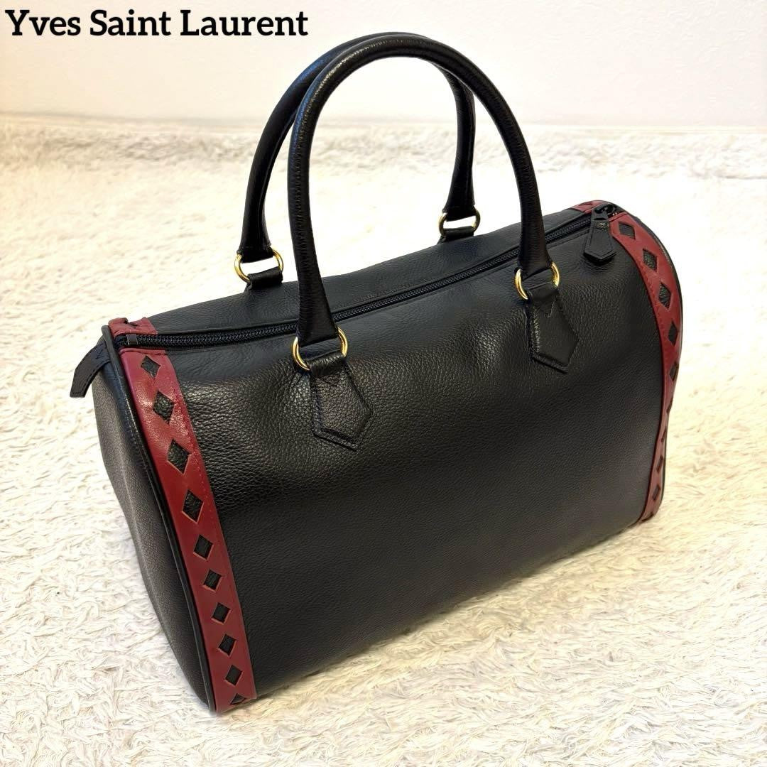 Saint Laurent Boston Bag Hand Bag Tote Purse Leather Black Red Authentic