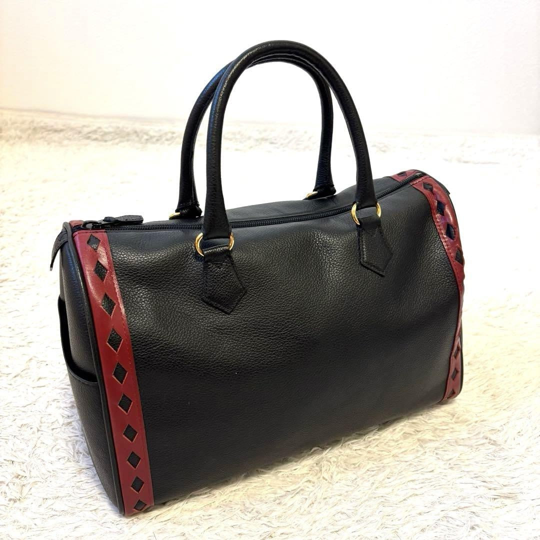 Saint Laurent Boston Bag Hand Bag Tote Purse Leather Black Red Authentic