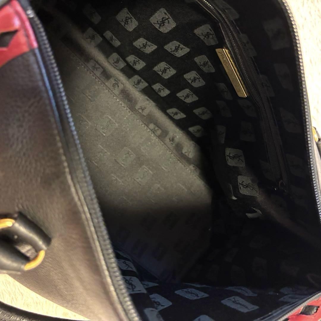 Saint Laurent Boston Bag Hand Bag Tote Purse Leather Black Red Authentic
