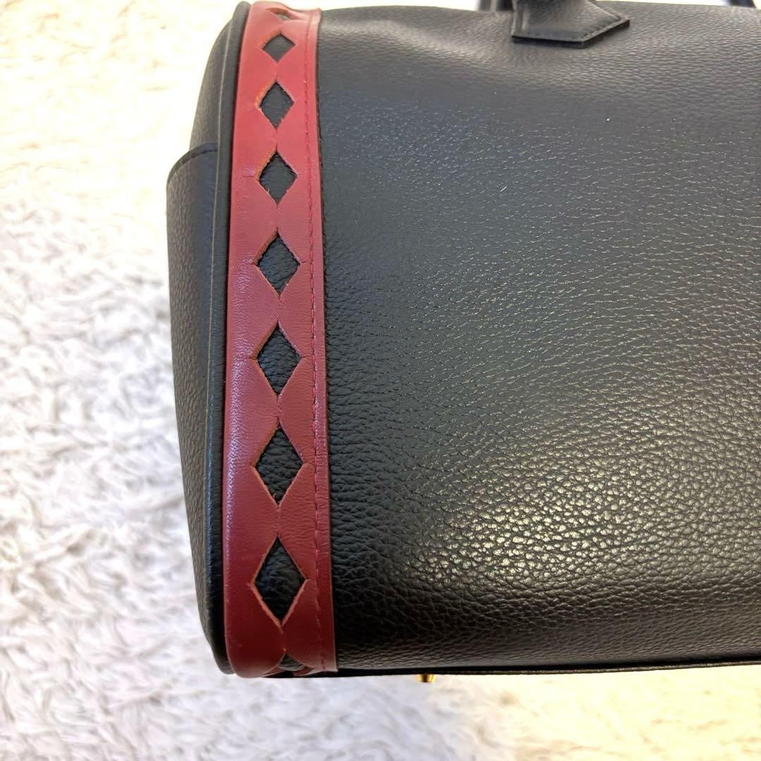 Saint Laurent Boston Bag Hand Bag Tote Purse Leather Black Red Authentic