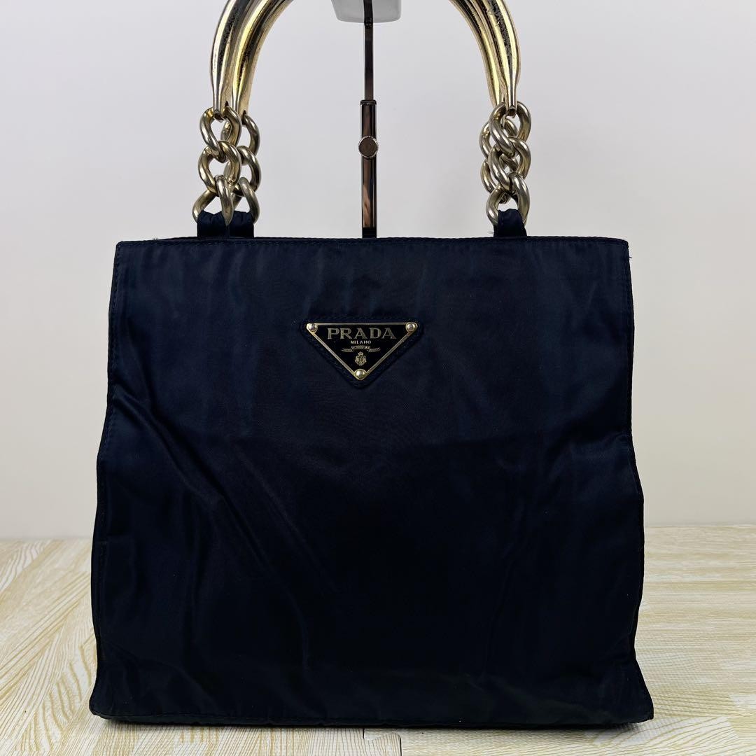 PRADA Hand Bag Tote Purse Logo Nylon Navy Authentic