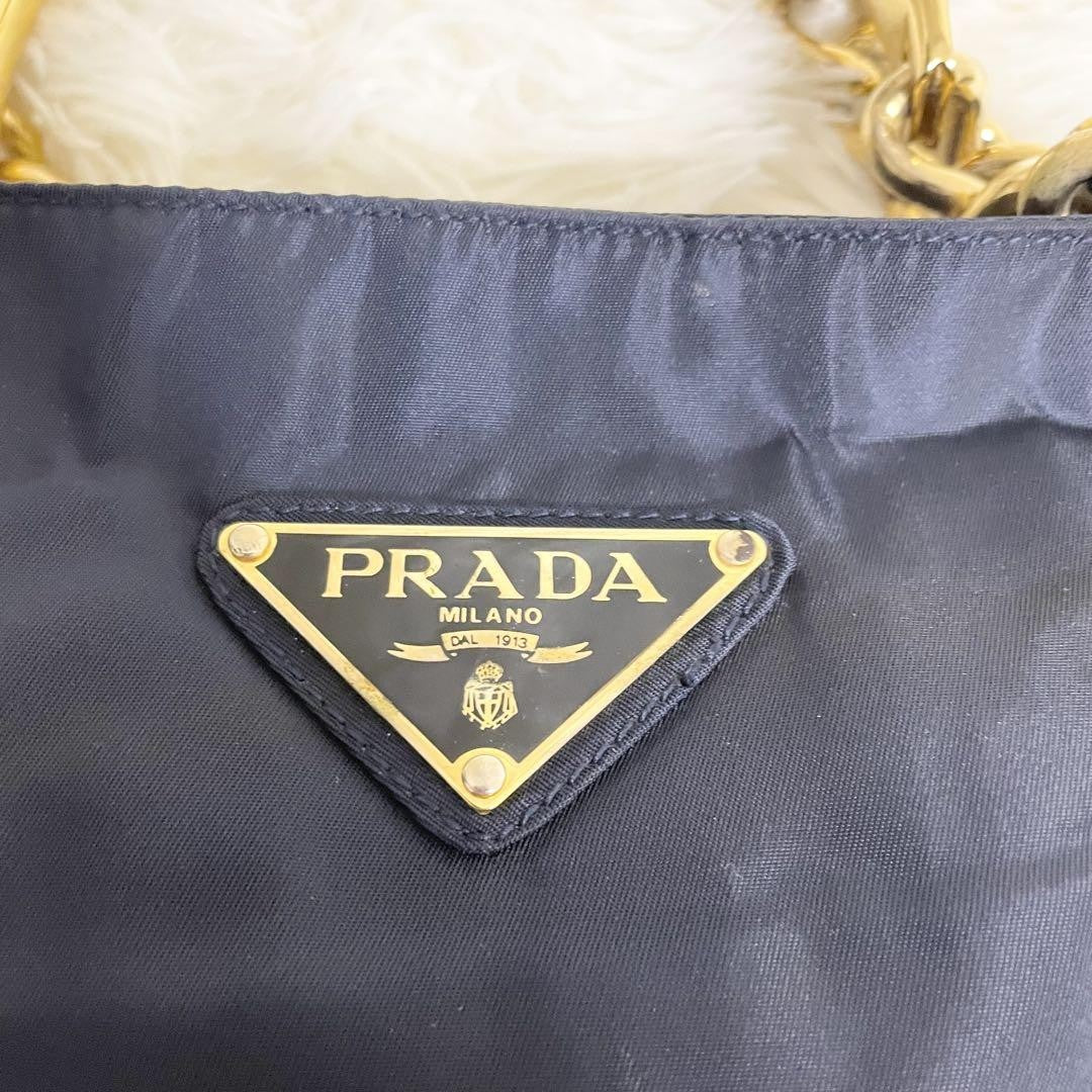 PRADA Hand Bag Tote Purse Logo Nylon Navy Authentic