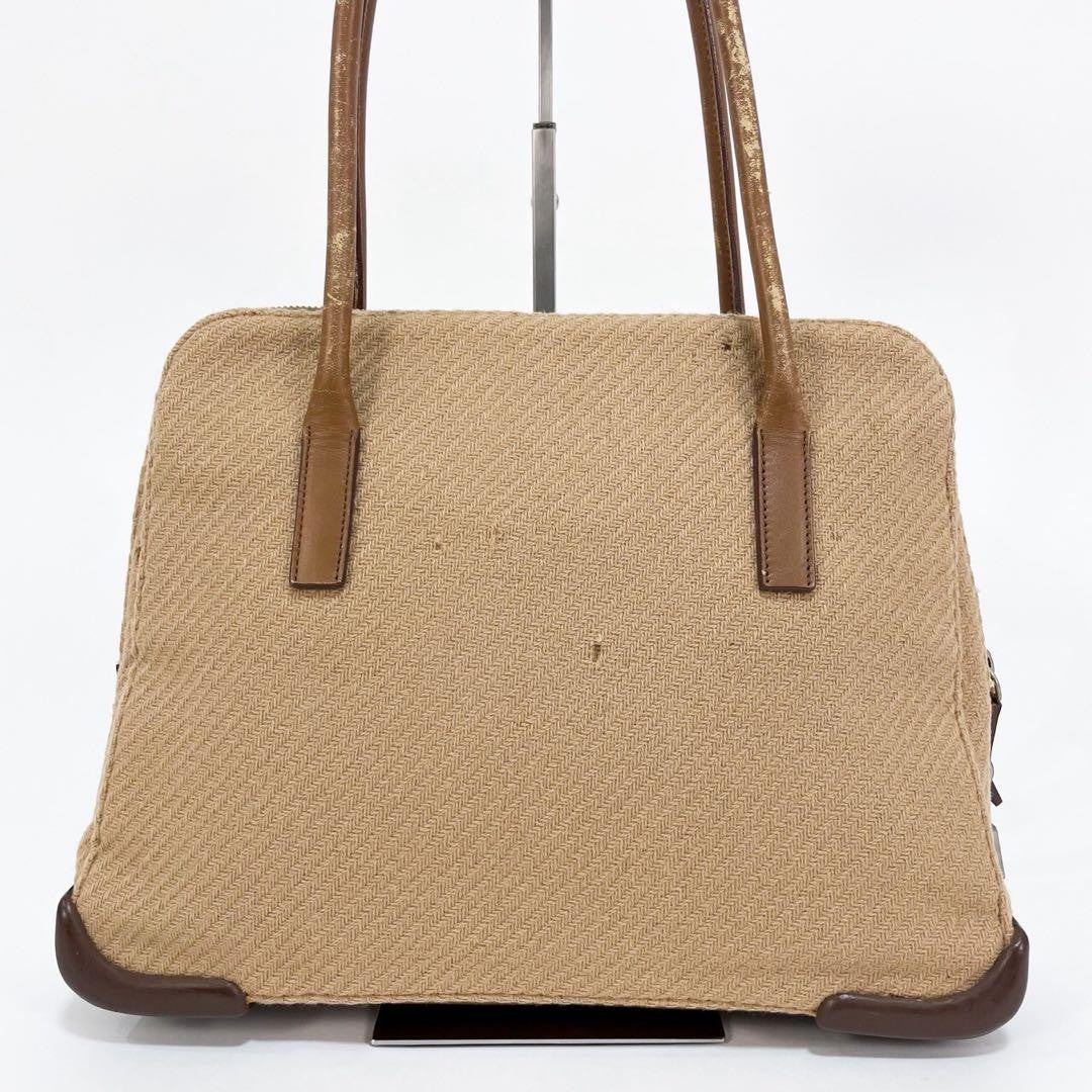 PRADA Hand Bag Tote Purse Canvas Leather Beige Brown Authentic