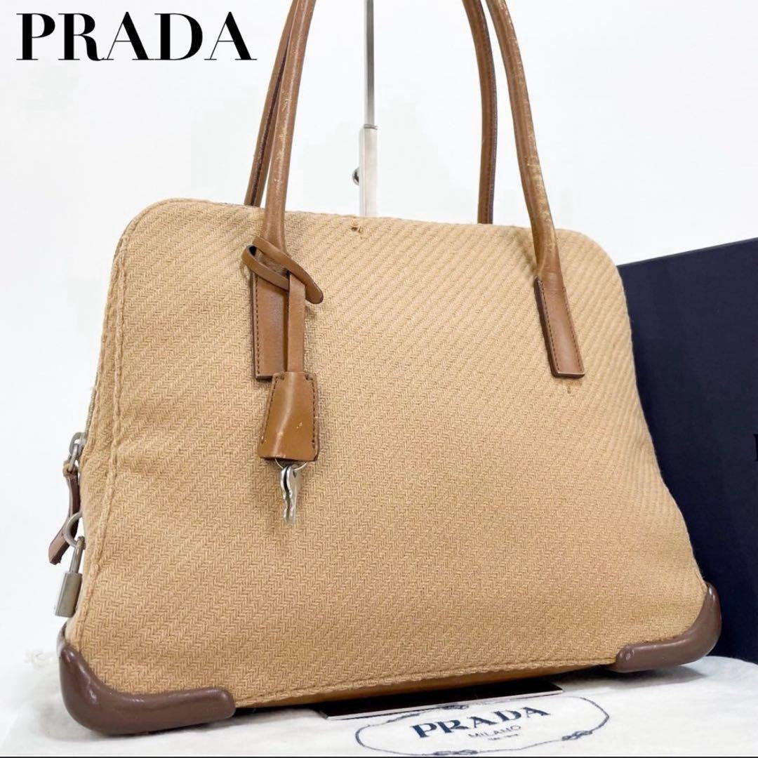 PRADA Hand Bag Tote Purse Canvas Leather Beige Brown Authentic