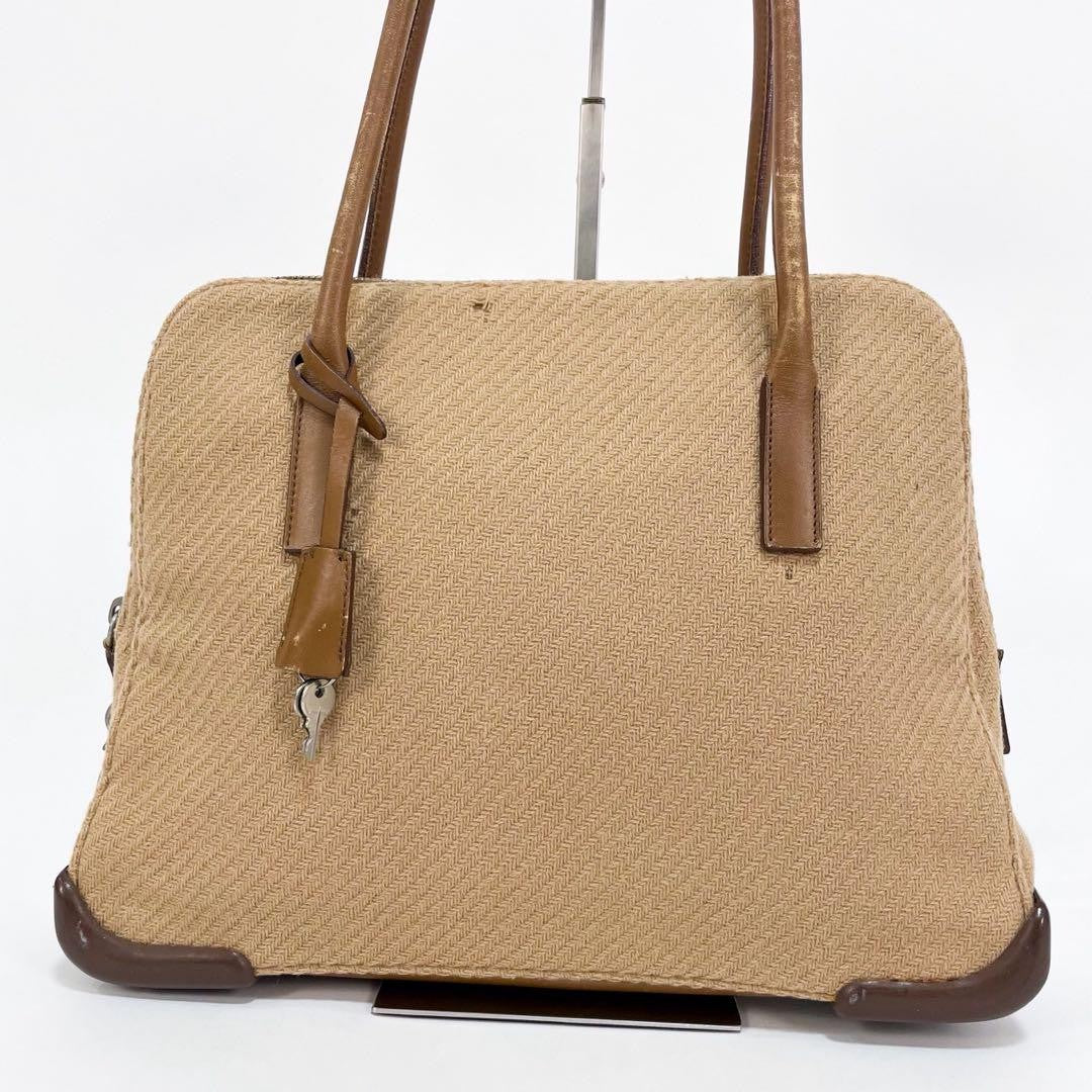 PRADA Hand Bag Tote Purse Canvas Leather Beige Brown Authentic