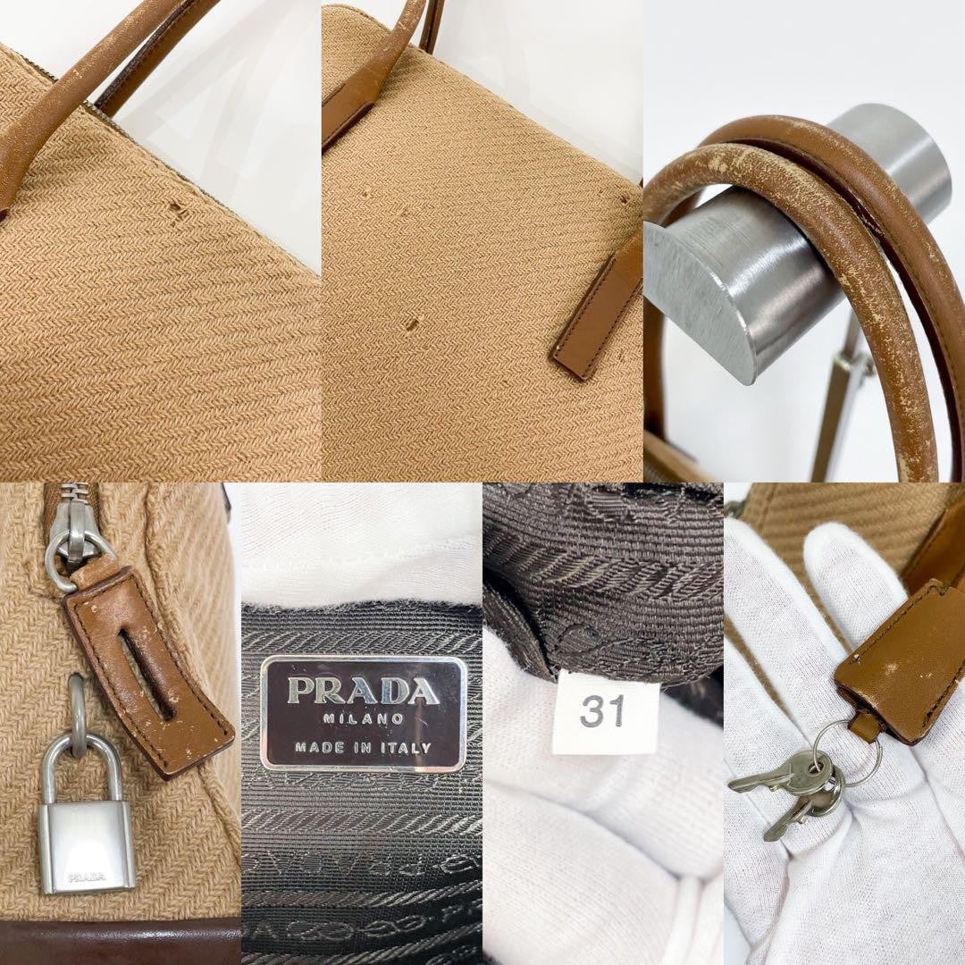 PRADA Hand Bag Tote Purse Canvas Leather Beige Brown Authentic
