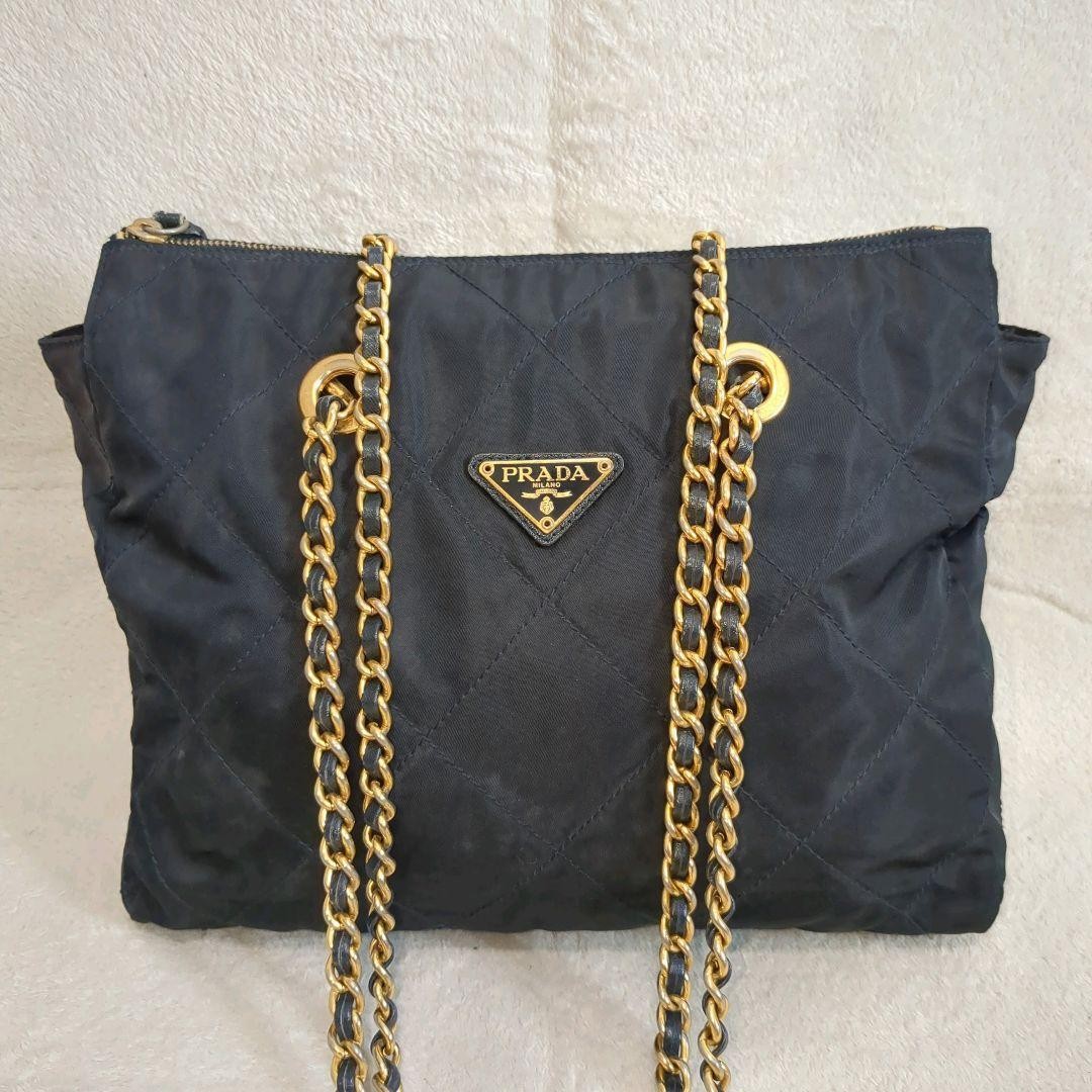 PRADA Shoulder Bag Purse Logo Nylon Navy Authentic