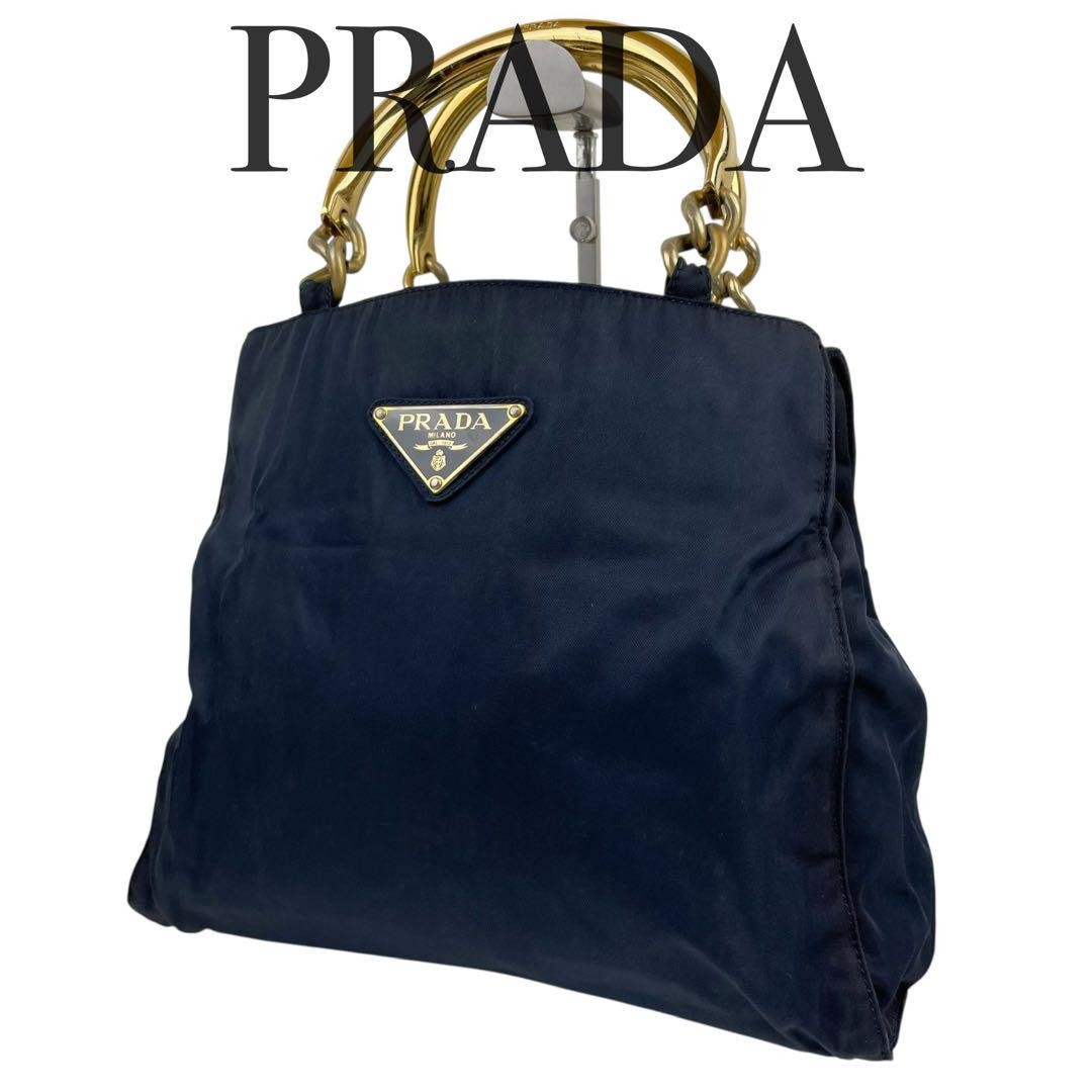 PRADA Hand Bag Tote Purse Logo Nylon Dark Navy Authentic