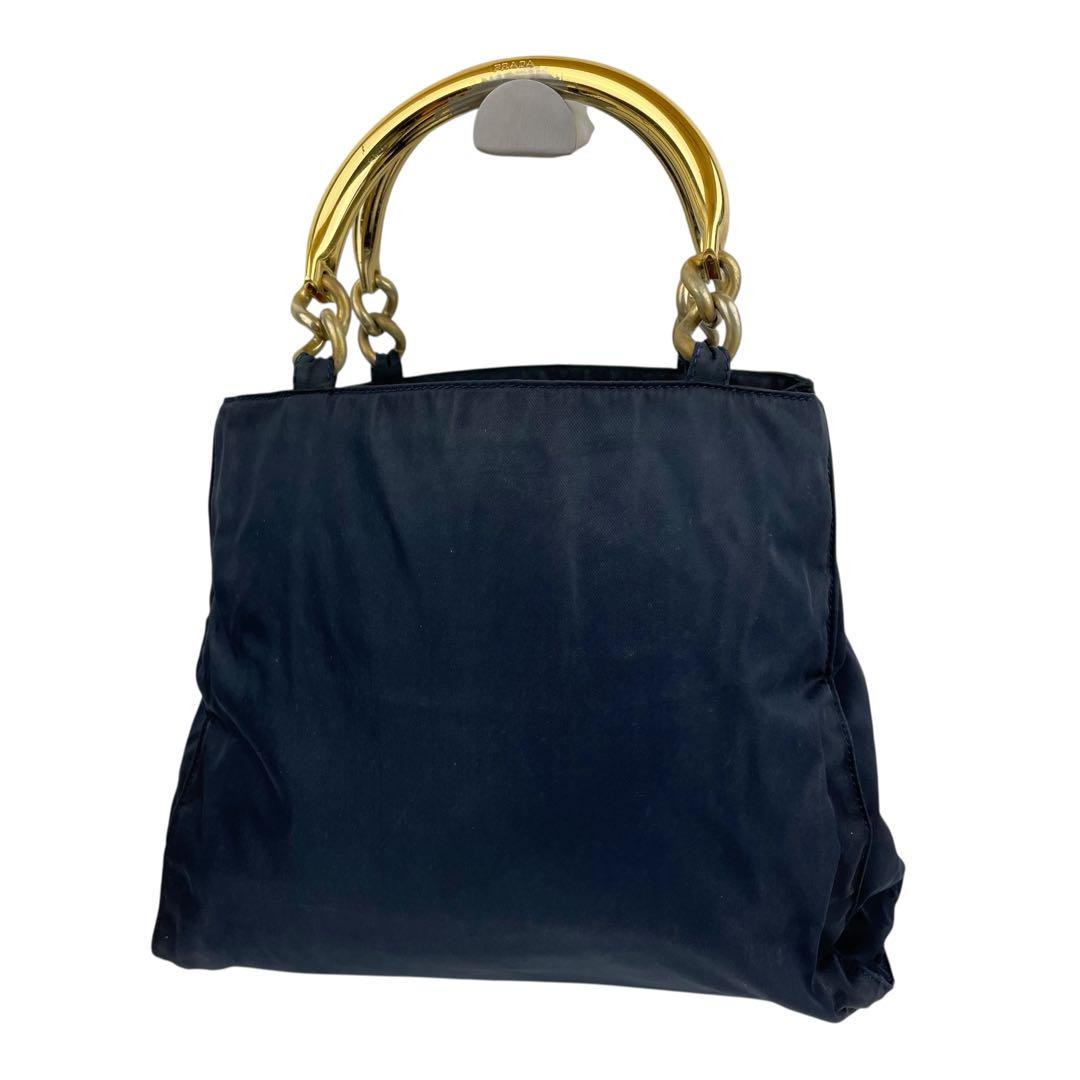 PRADA Hand Bag Tote Purse Logo Nylon Dark Navy Authentic