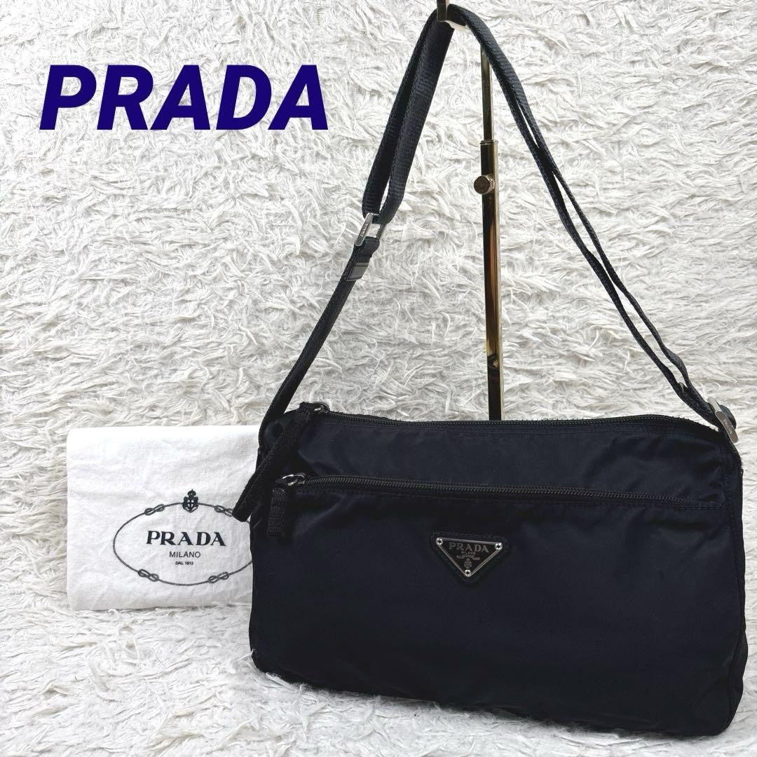 PRADA Shoulder Camera Bag Purse Logo Nylon Leather Black Authentic