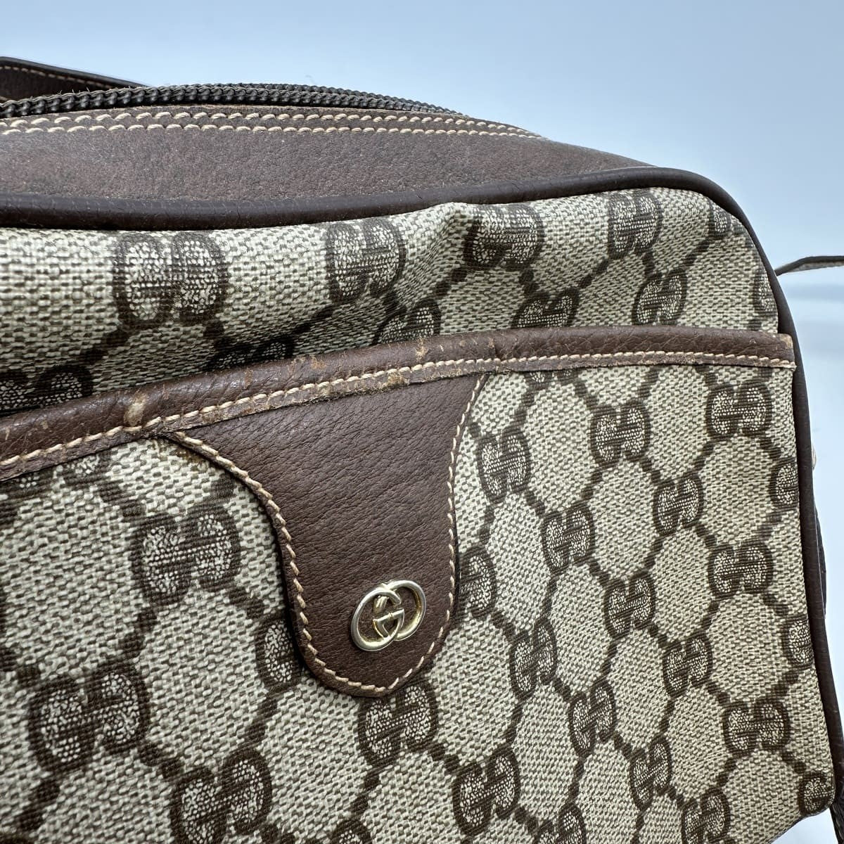 GUCCI Shoulder Bag Purse GG Supreme Canvas Leather Beige Authentic