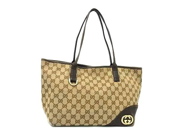 GUCCI Hand Bag Tote Purse GG Canvas Leather Beige Brown Authentic