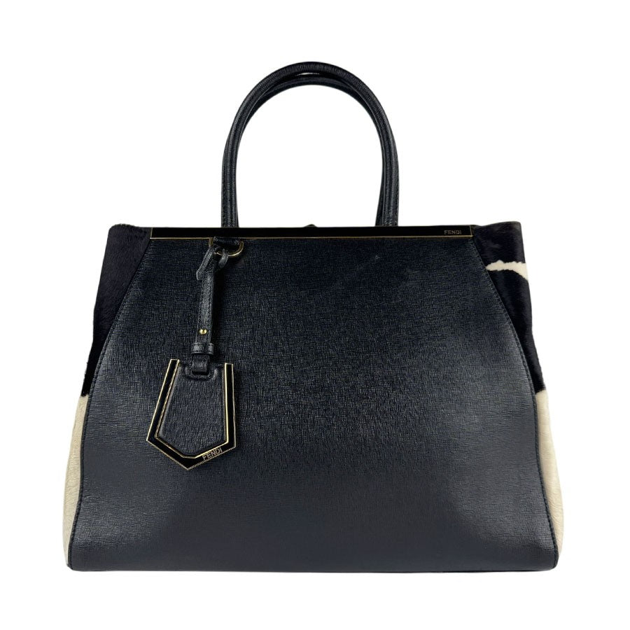 FENDI Hand Bag Tote Purse Leather Black White Authentic