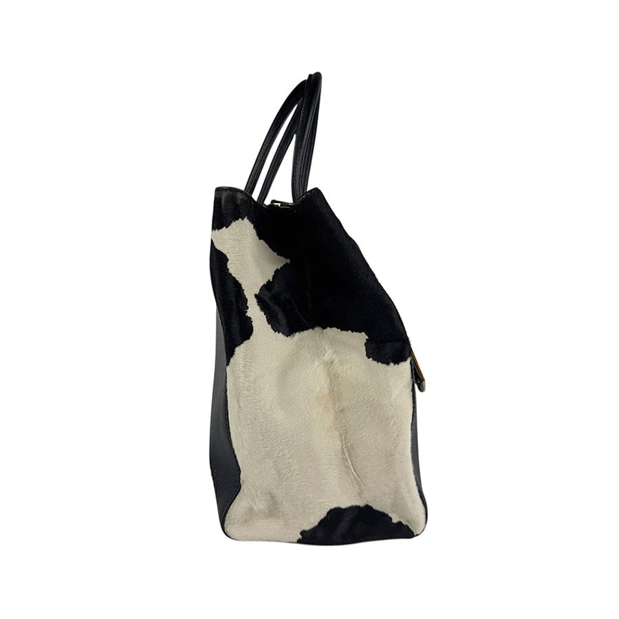 FENDI Hand Bag Tote Purse Leather Black White Authentic
