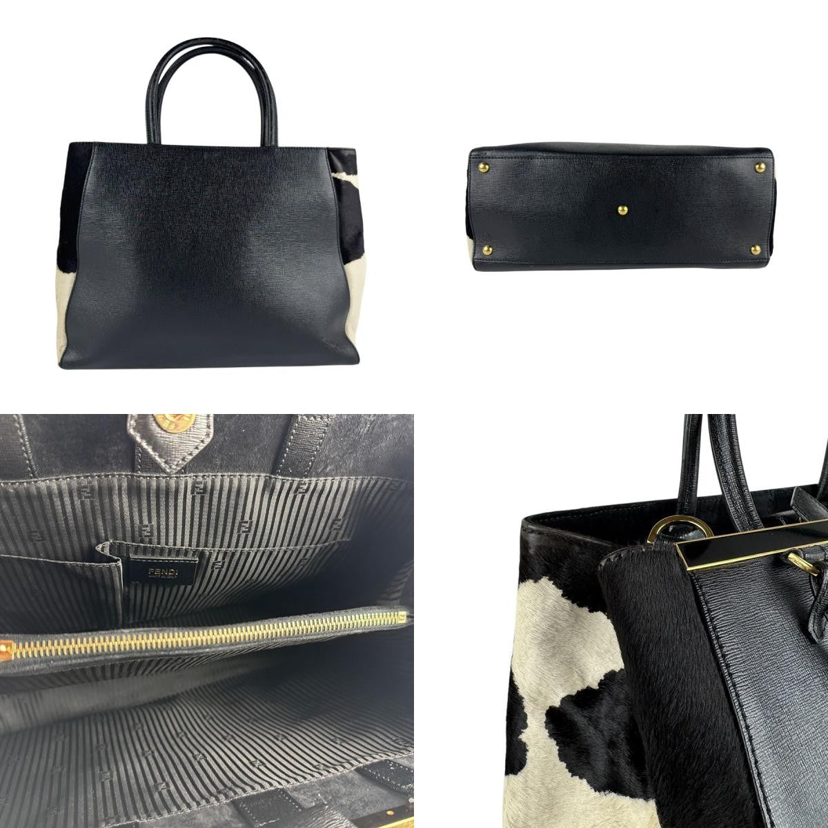 FENDI Hand Bag Tote Purse Leather Black White Authentic