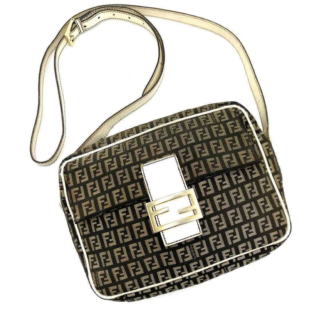 FENDI Shoulder Bag Purse FF Zucca Canvas Nylon Leather Brown Authentic