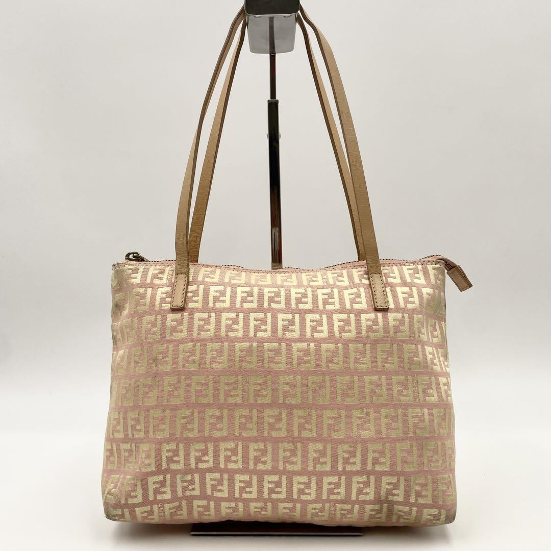 FENDI Hand Bag Tote Purse FF Zucchino Canvas Leather Pink Gold Authentic